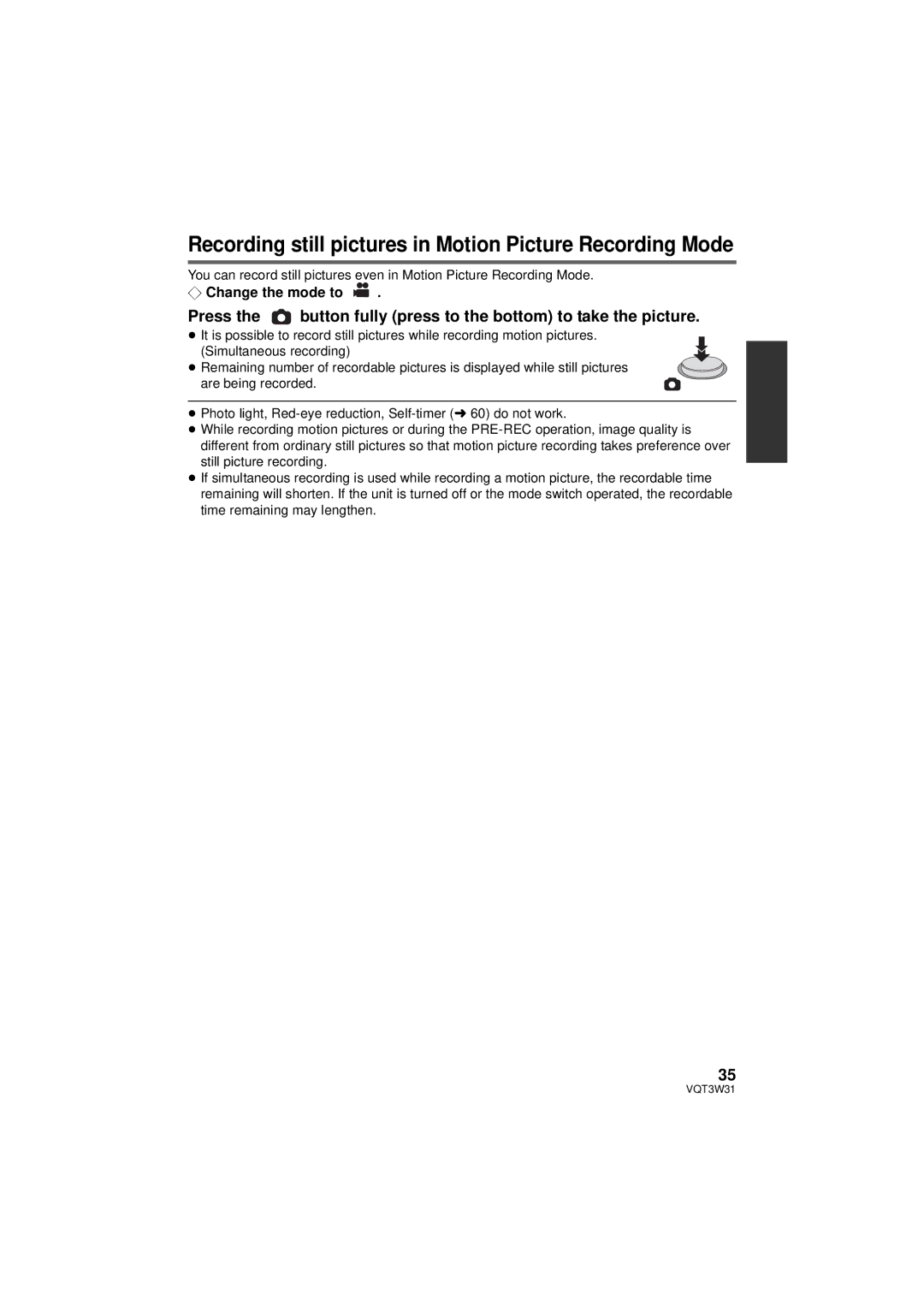 Panasonic HC-V500M owner manual Recording still pictures in Motion Picture Recording Mode, ¬ Change the mode to 