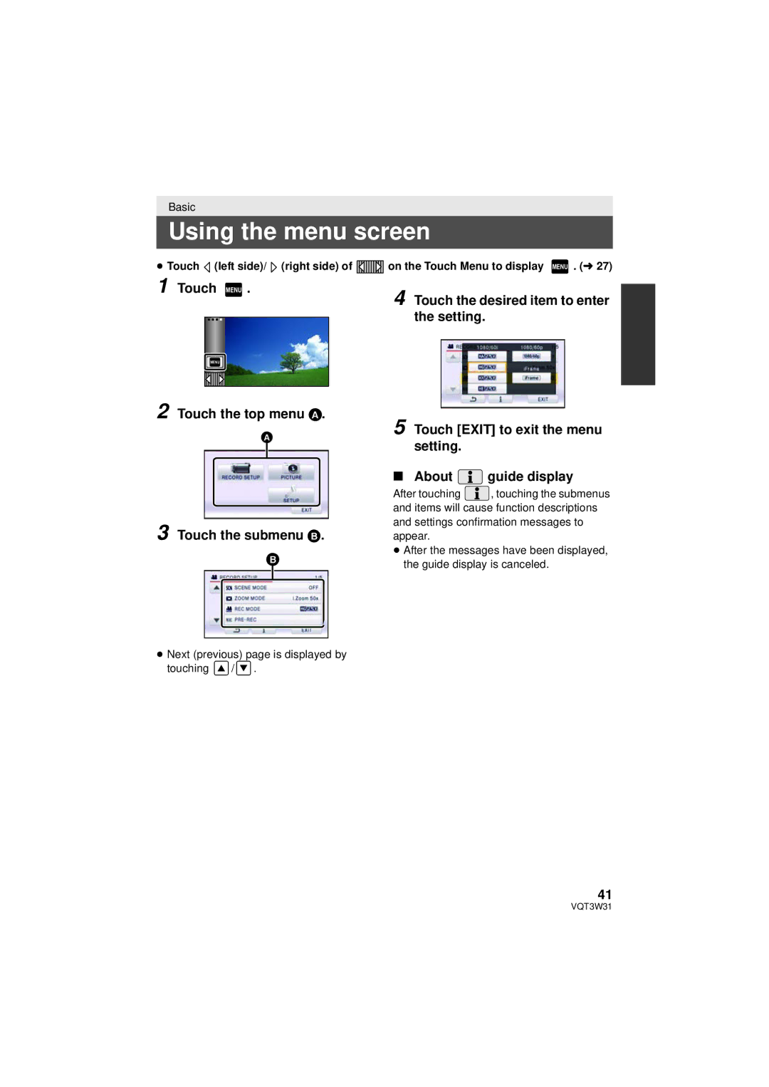 Panasonic HC-V500 Using the menu screen, ≥ Touch left side/ right side, On the Touch Menu to display Menu . l 