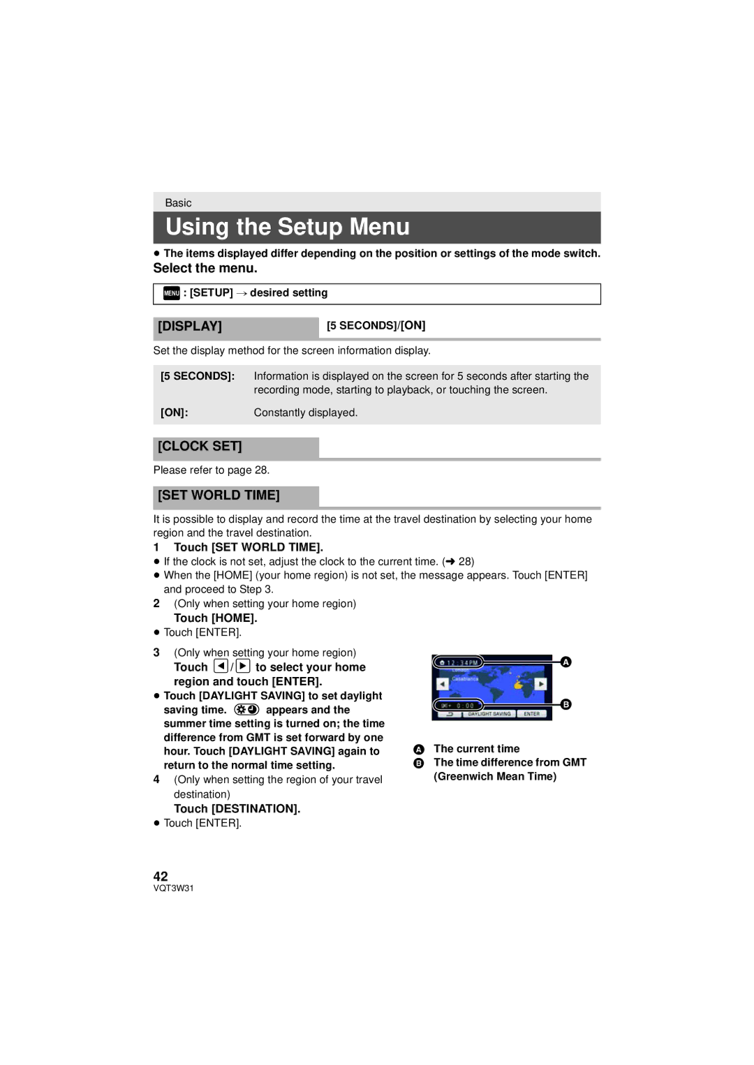 Panasonic HC-V500M owner manual Using the Setup Menu, Select the menu, Display, Clock SET, SET World Time 