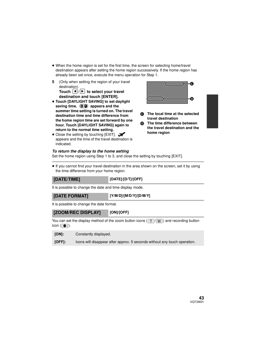 Panasonic HC-V500M owner manual Date Format, ZOOM/REC Display, Touch / to select your travel Destination and touch Enter 