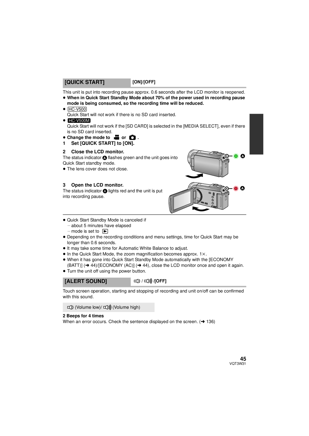 Panasonic HC-V500M owner manual Alert Sound, Set Quick Start to on Close the LCD monitor, Open the LCD monitor 