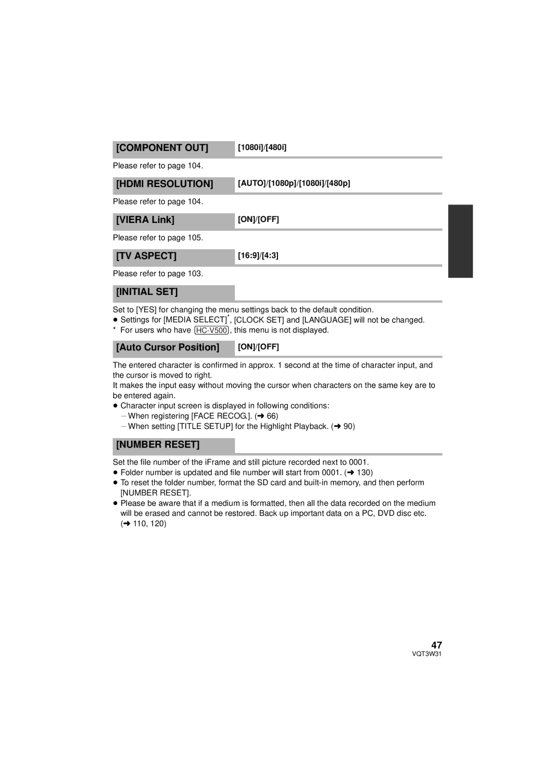 Panasonic HC-V500M owner manual Component OUT, Hdmi Resolution, TV Aspect, Initial SET, Number Reset 