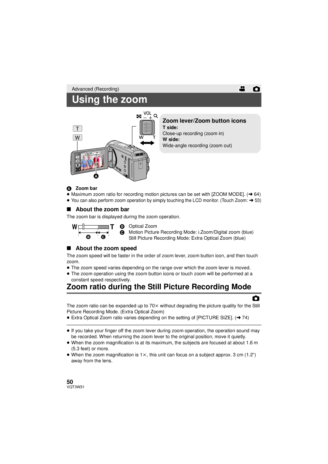 Panasonic HC-V500M Using the zoom, Zoom ratio during the Still Picture Recording Mode, Zoom lever/Zoom button icons 