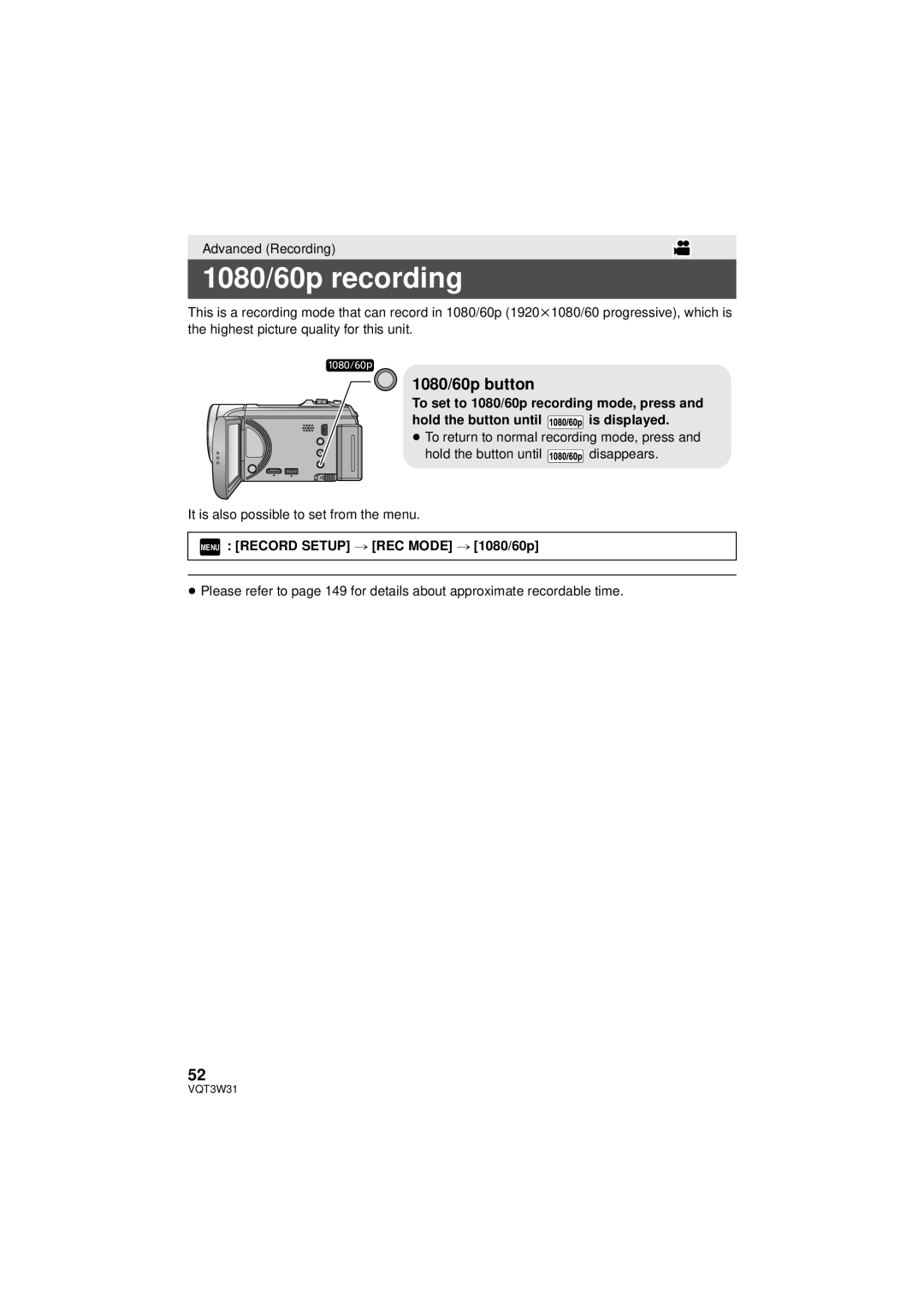 Panasonic HC-V500M owner manual 1080/60p recording, 1080/60p button, Menu Record Setup # REC Mode # 1080/60p 