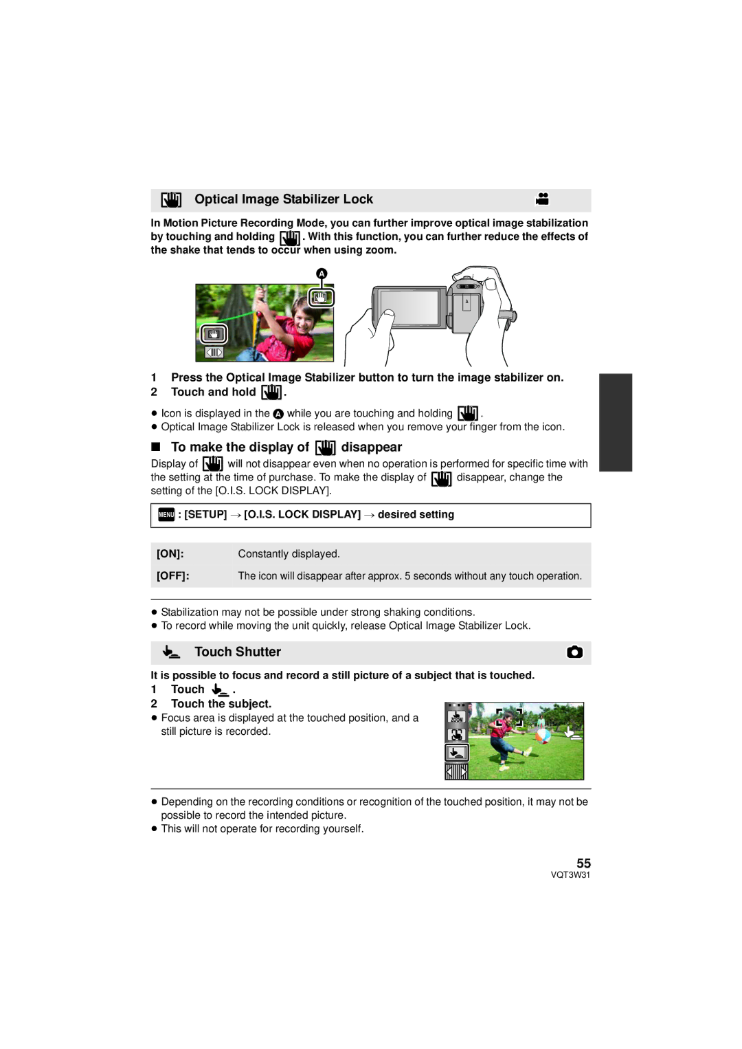 Panasonic HC-V500M Optical Image Stabilizer Lock, To make the display of disappear, Touch Shutter, Touch Subject 