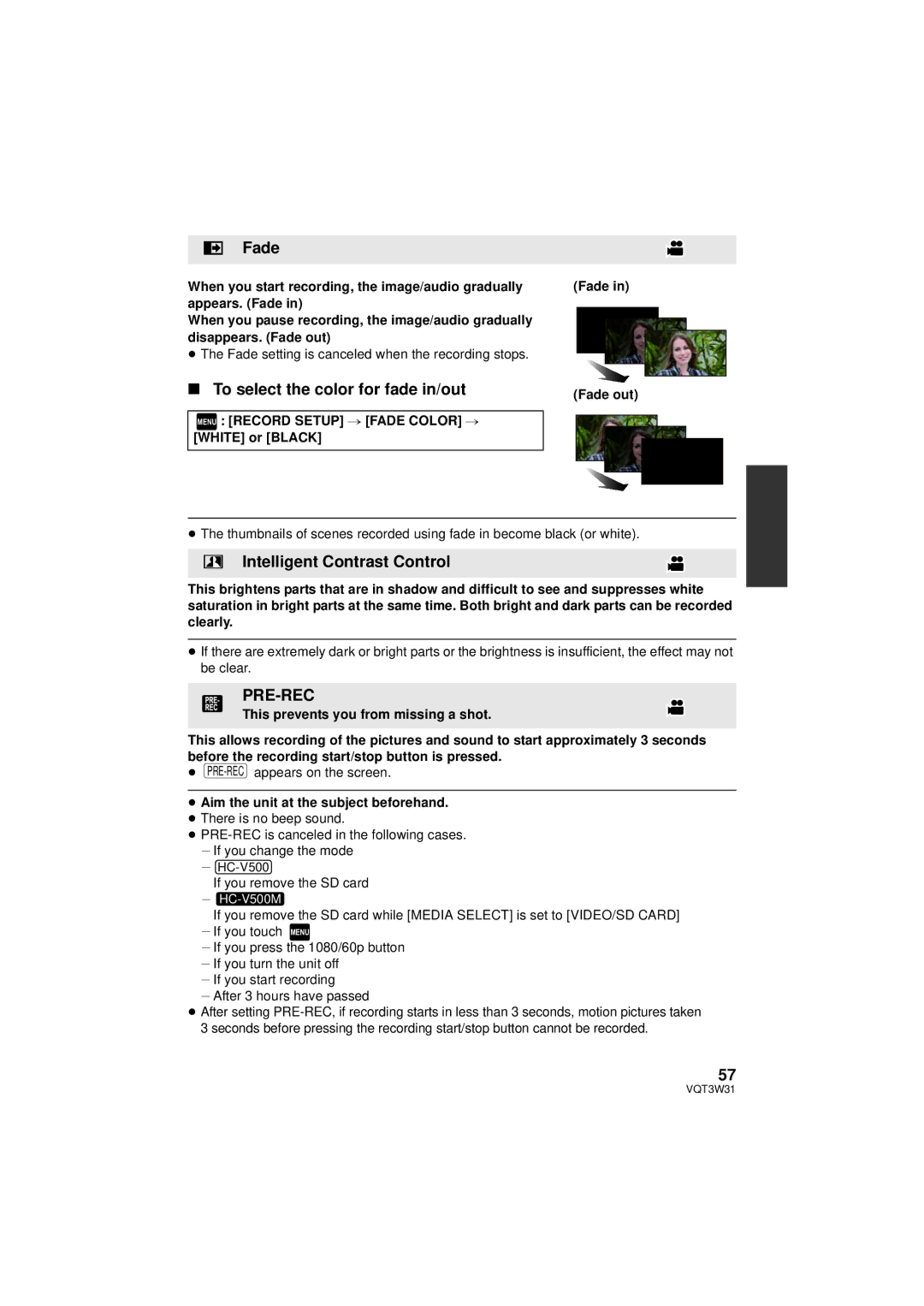 Panasonic HC-V500M owner manual Fade, To select the color for fade in/out, Intelligent Contrast Control, Pre-Rec 