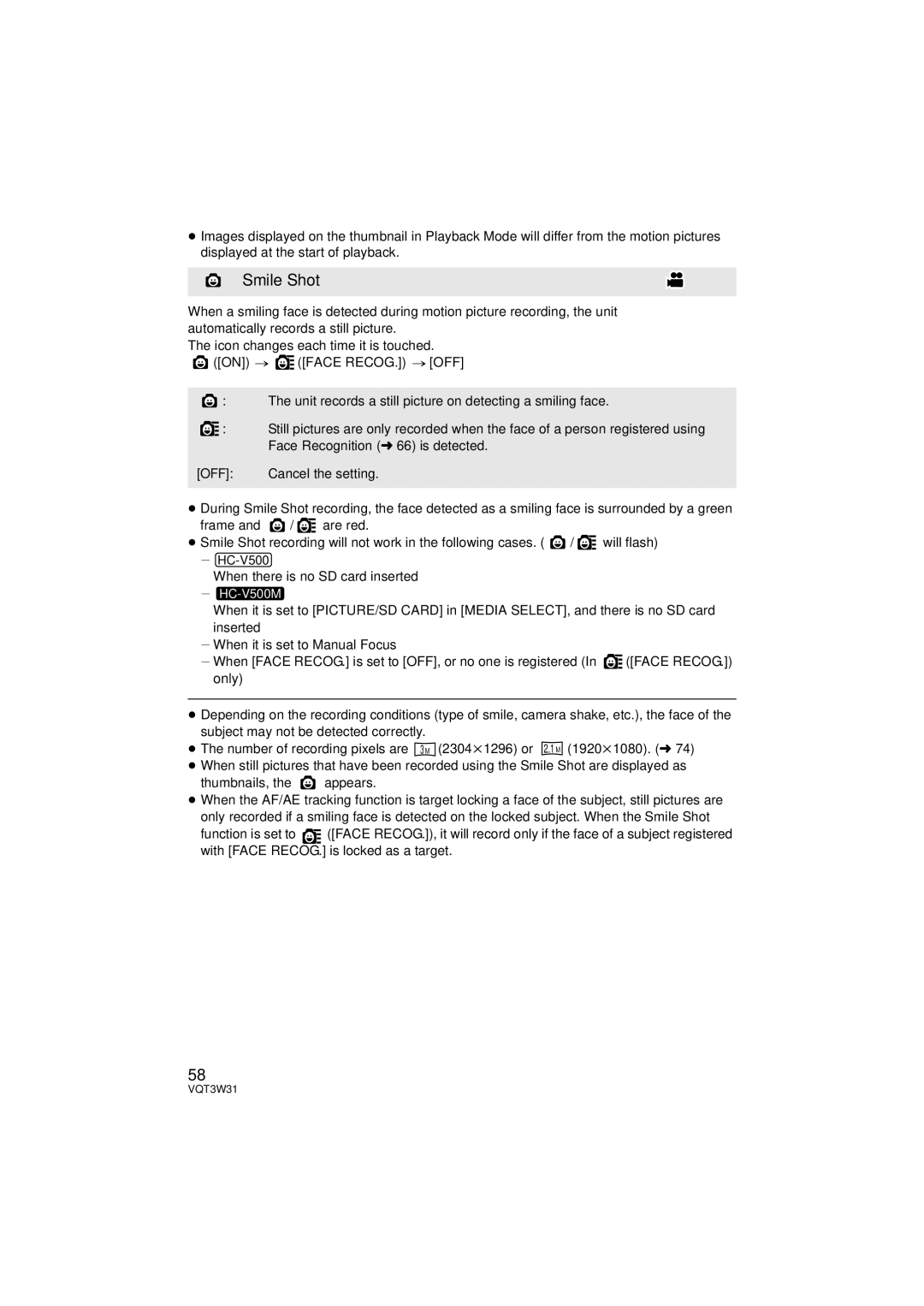 Panasonic HC-V500M owner manual Smile Shot, Icon changes each time it is touched, On # Face RECOG. # OFF 