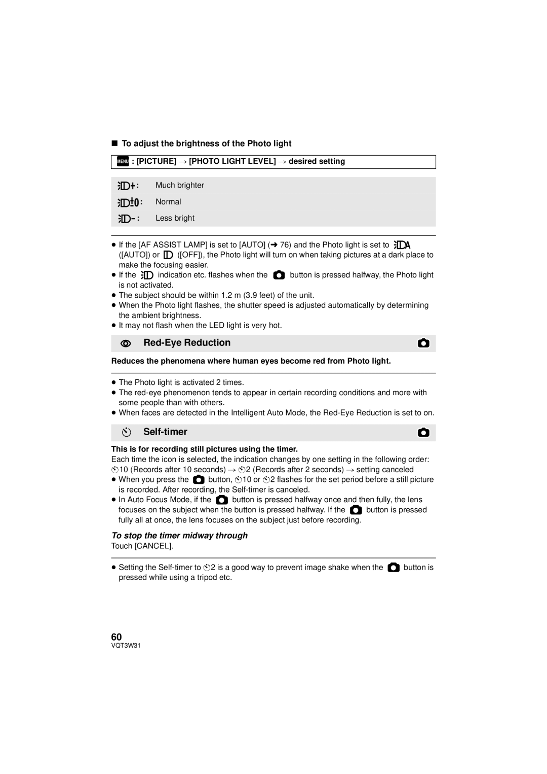 Panasonic HC-V500M owner manual Red-Eye Reduction, Self-timer, To adjust the brightness of the Photo light 