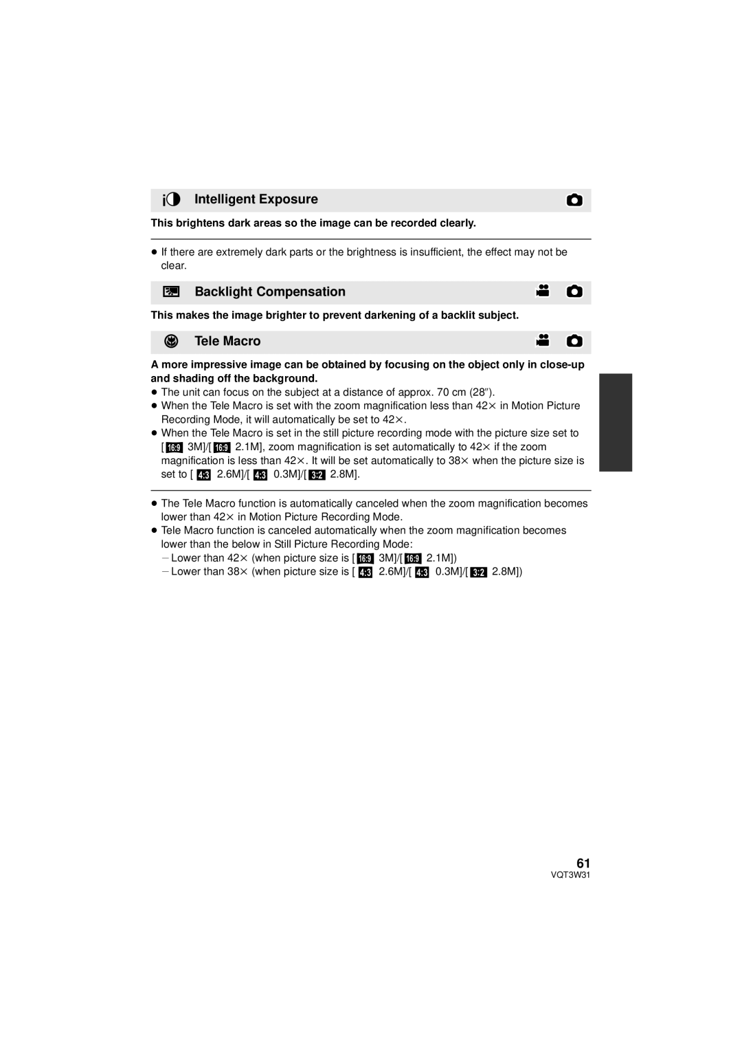 Panasonic HC-V500M owner manual Intelligent Exposure, Backlight Compensation, Tele Macro 