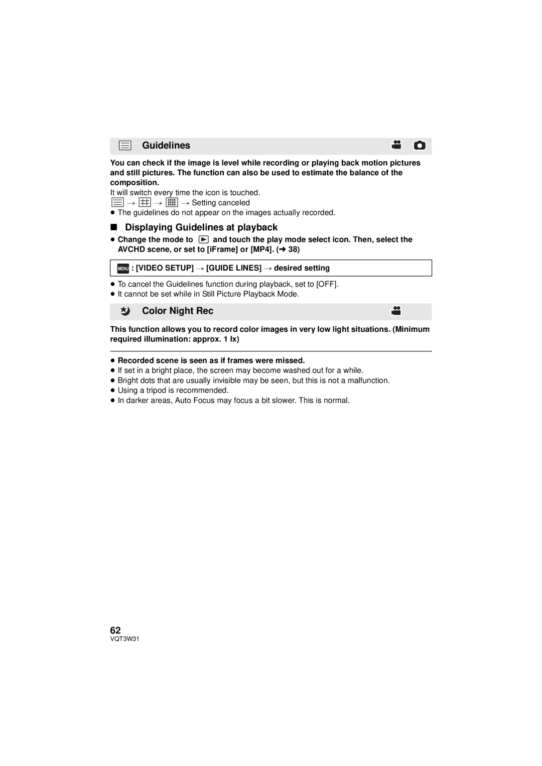 Panasonic HC-V500M owner manual Displaying Guidelines at playback, Color Night Rec 