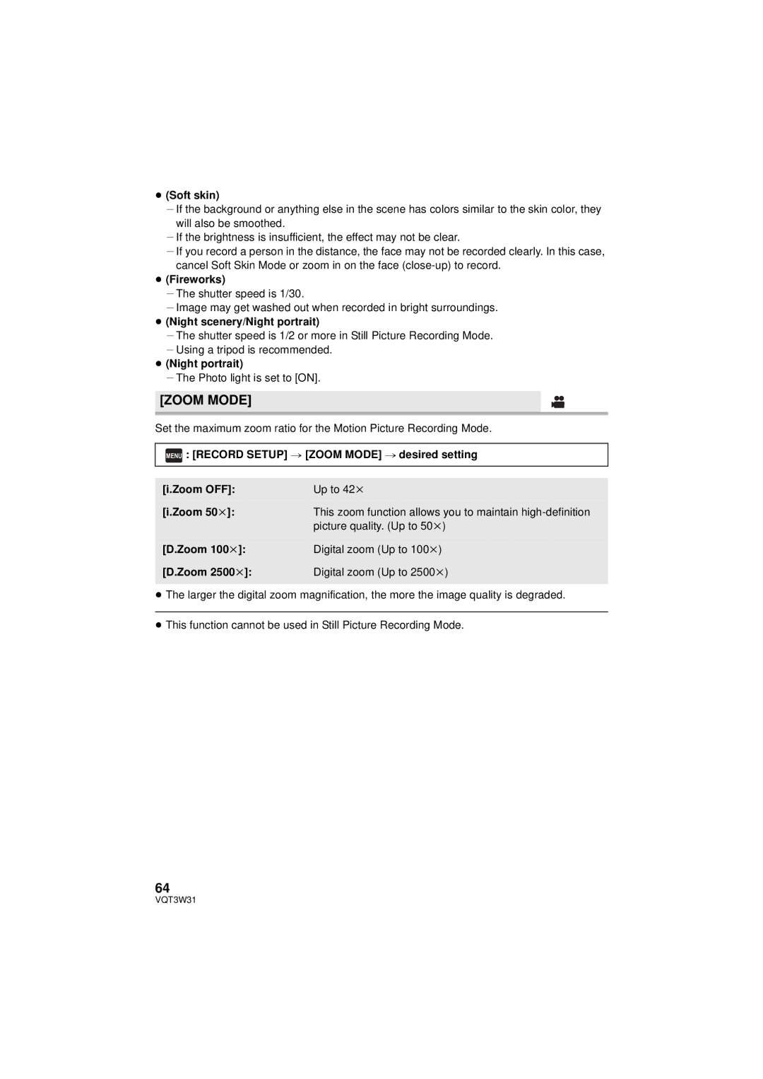 Panasonic HC-V500M owner manual Zoom Mode 