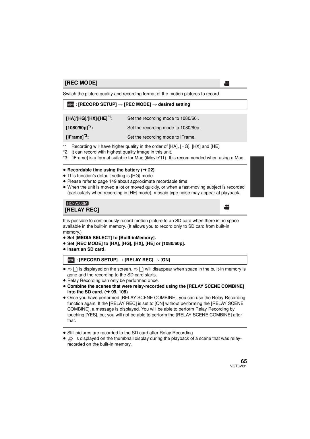 Panasonic HC-V500M owner manual REC Mode, ≥ Recordable time using the battery l, Menu Record Setup # Relay REC # on 