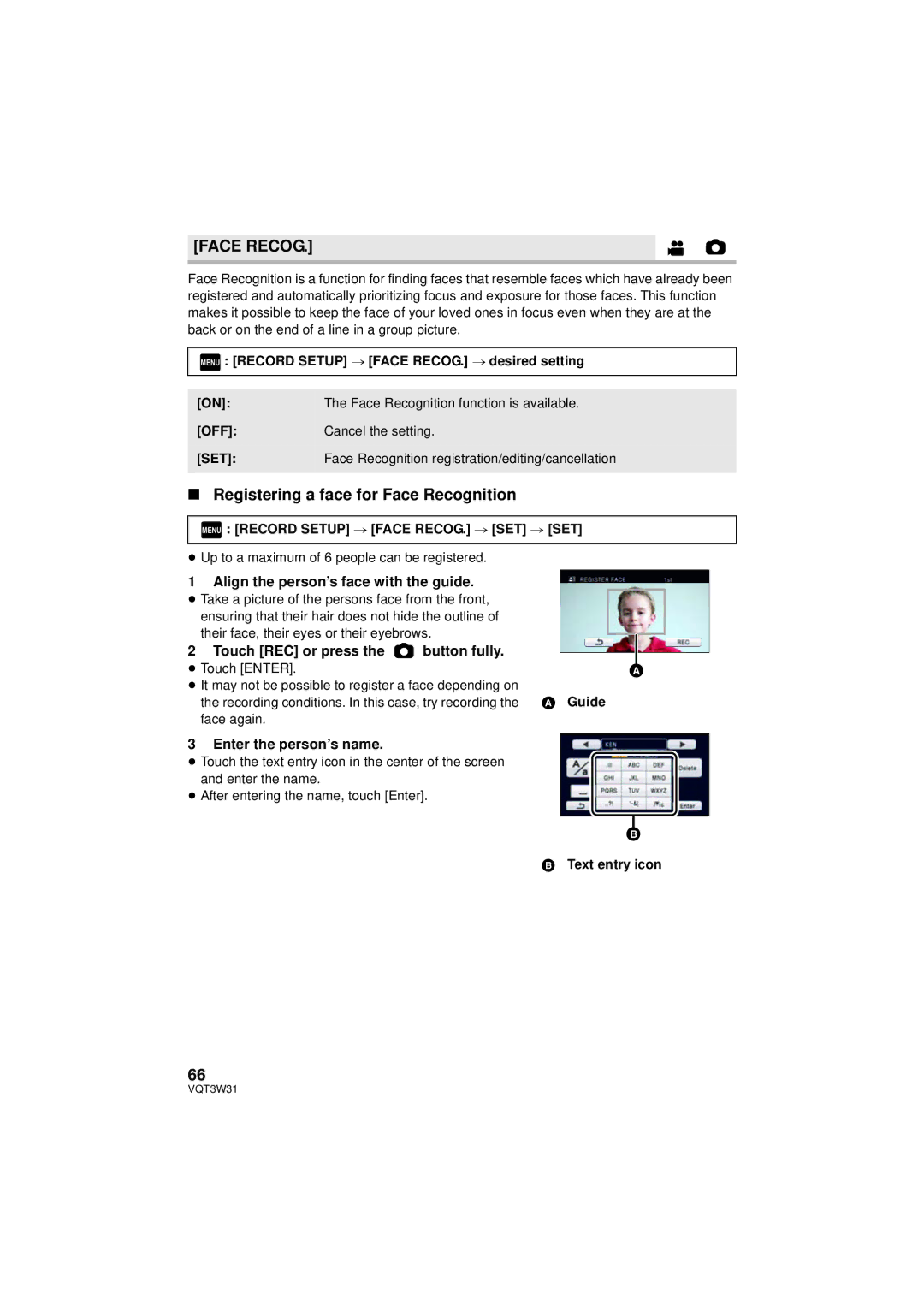 Panasonic HC-V500M owner manual Registering a face for Face Recognition, Align the person’s face with the guide 