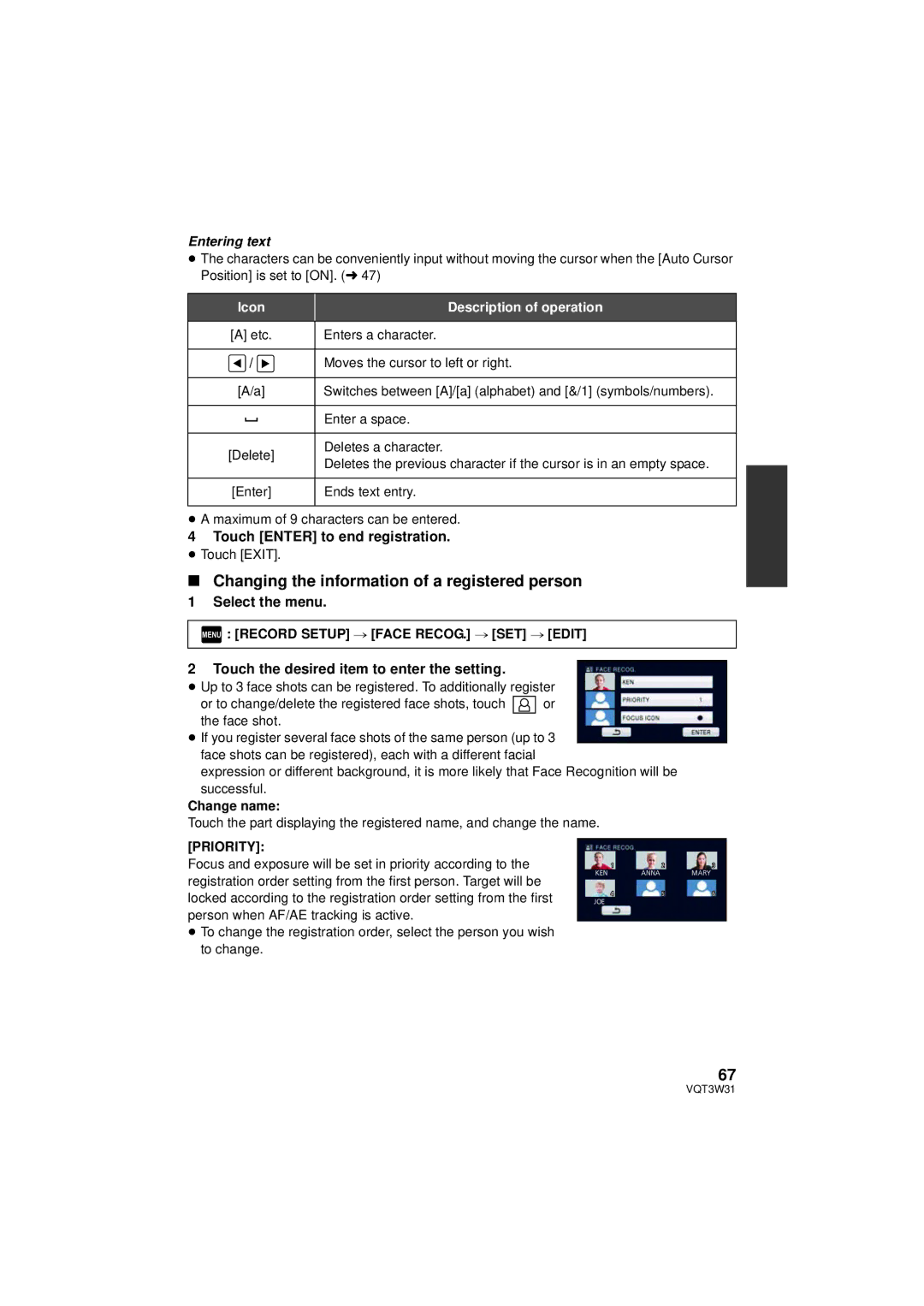 Panasonic HC-V500 Changing the information of a registered person, Touch Enter to end registration, Select the menu 