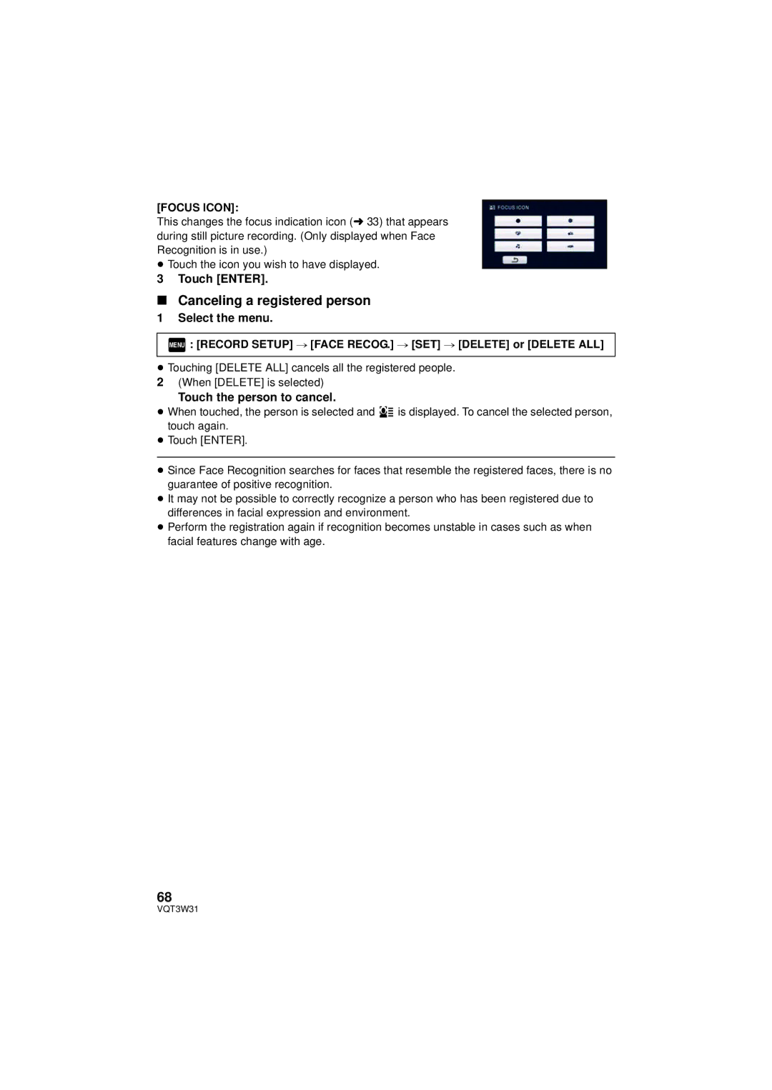 Panasonic HC-V500M owner manual Canceling a registered person, Touch the person to cancel, Focus Icon 