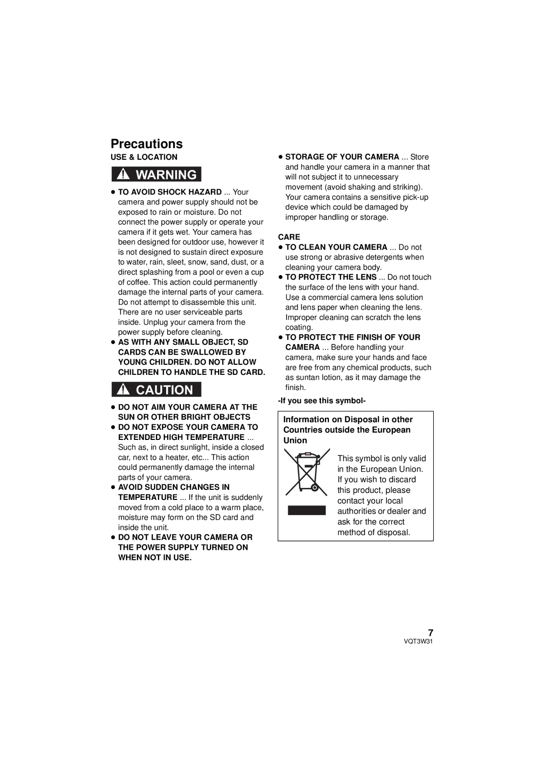 Panasonic HC-V500M owner manual Precautions, USE & Location, Care 