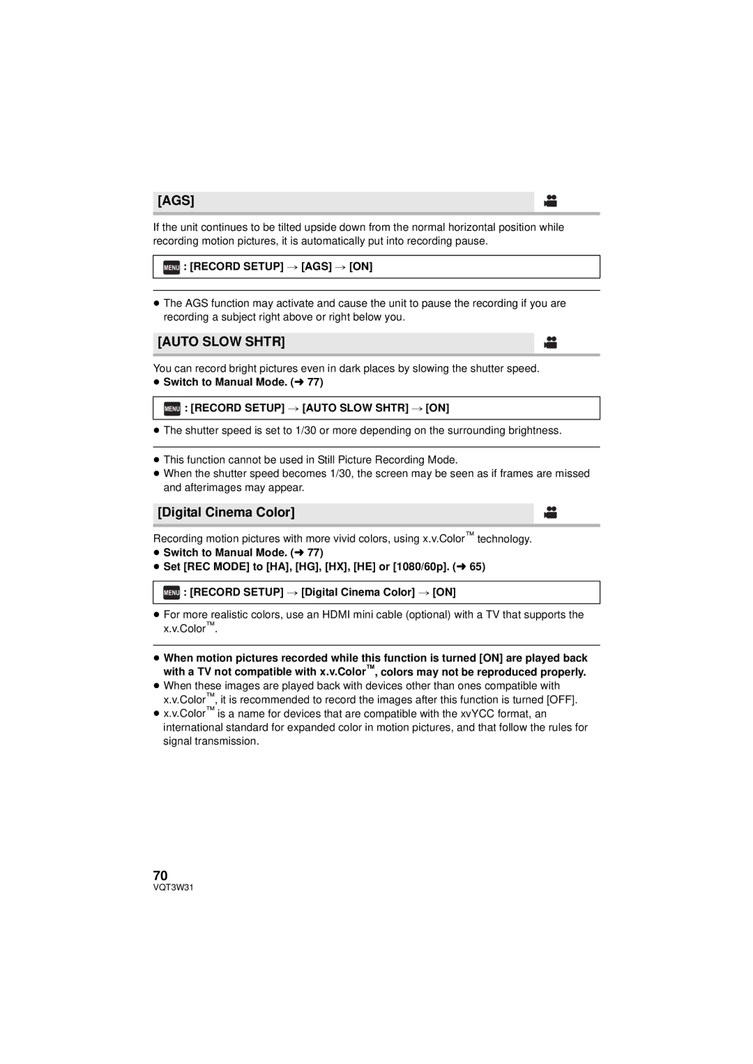 Panasonic HC-V500M owner manual Ags, Auto Slow Shtr, Digital Cinema Color, Menu Record Setup # AGS # on 