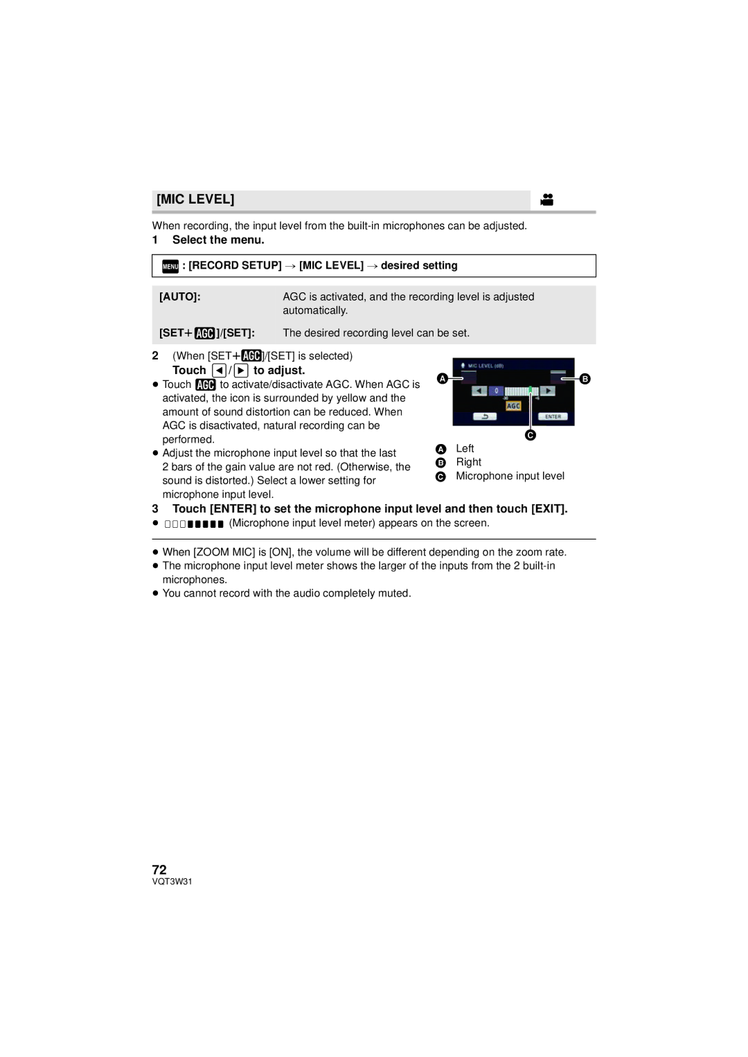 Panasonic HC-V500M owner manual MIC Level, Touch To adjust, Auto 