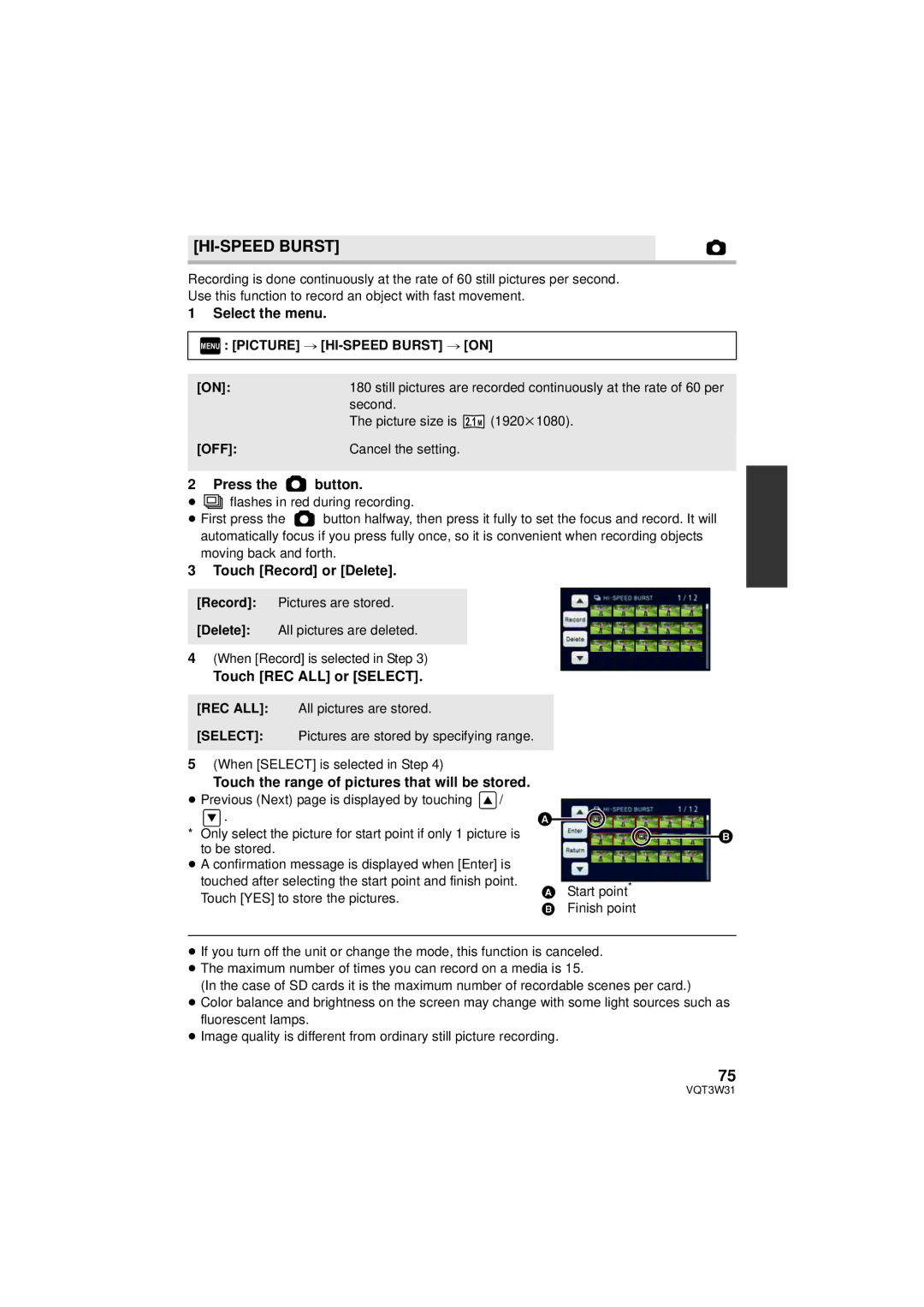 Panasonic HC-V500M owner manual HI-SPEED Burst, Press the button, Touch Record or Delete, Touch REC ALL or Select 