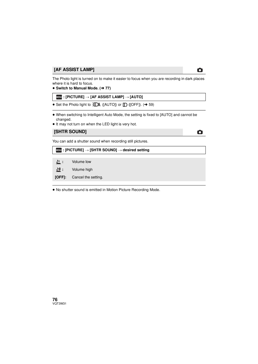 Panasonic HC-V500M owner manual Menu Picture # AF Assist Lamp # Auto, Menu Picture # Shtr Sound # desired setting 