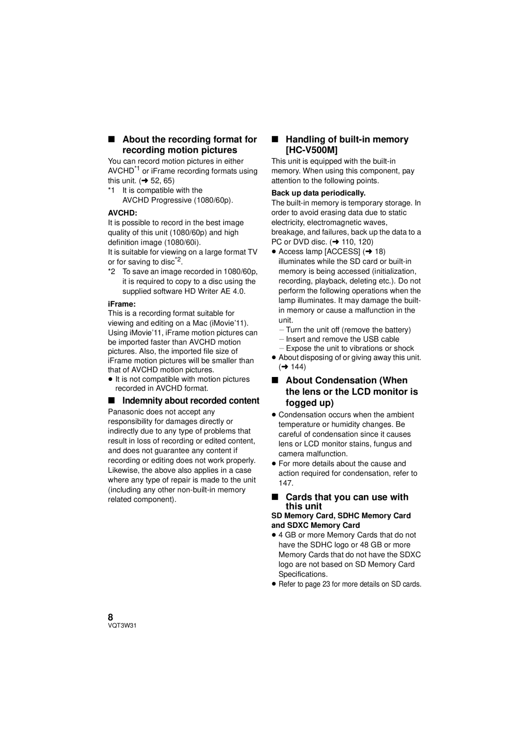 Panasonic HC-V500M About the recording format for Recording motion pictures, Indemnity about recorded content, Avchd 