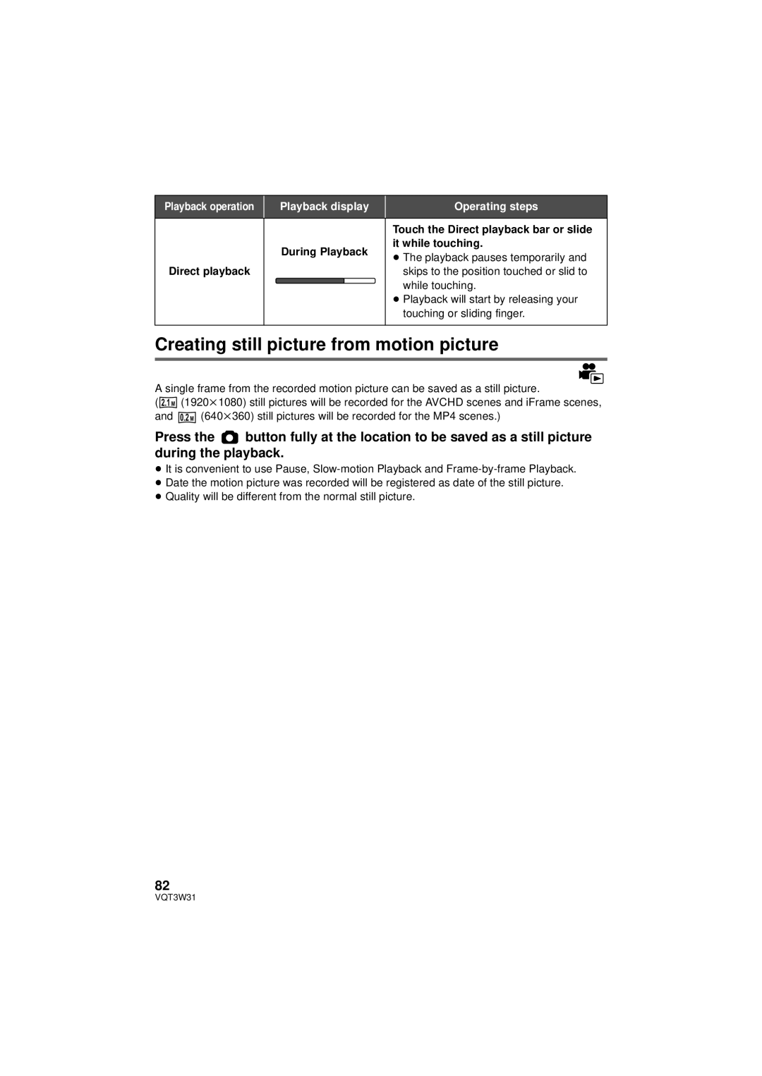 Panasonic HC-V500M owner manual Creating still picture from motion picture, Touch the Direct playback bar or slide 