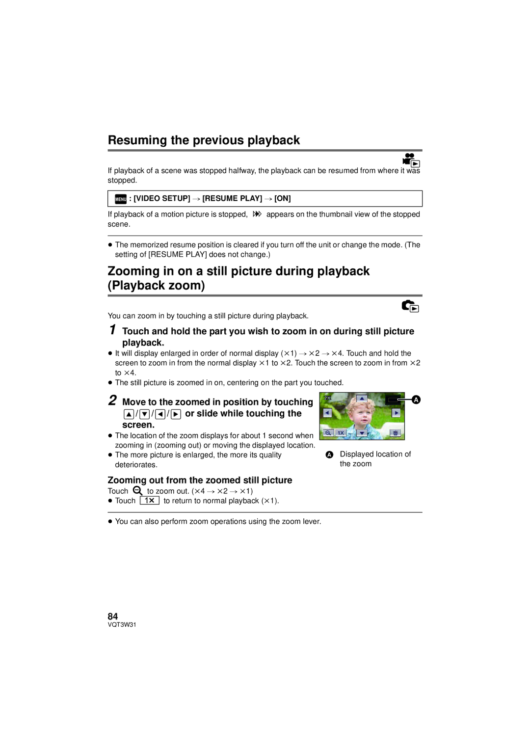 Panasonic HC-V500M owner manual Resuming the previous playback, Zooming in on a still picture during playback Playback zoom 