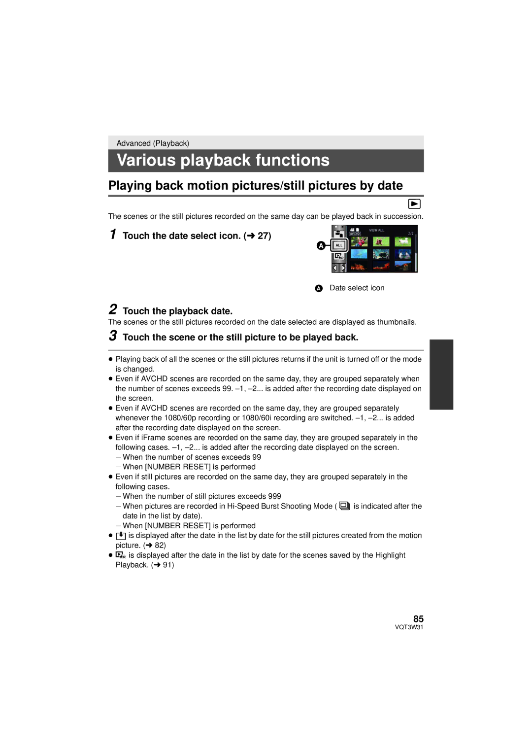 Panasonic HC-V500 Various playback functions, Playing back motion pictures/still pictures by date, Touch the playback date 