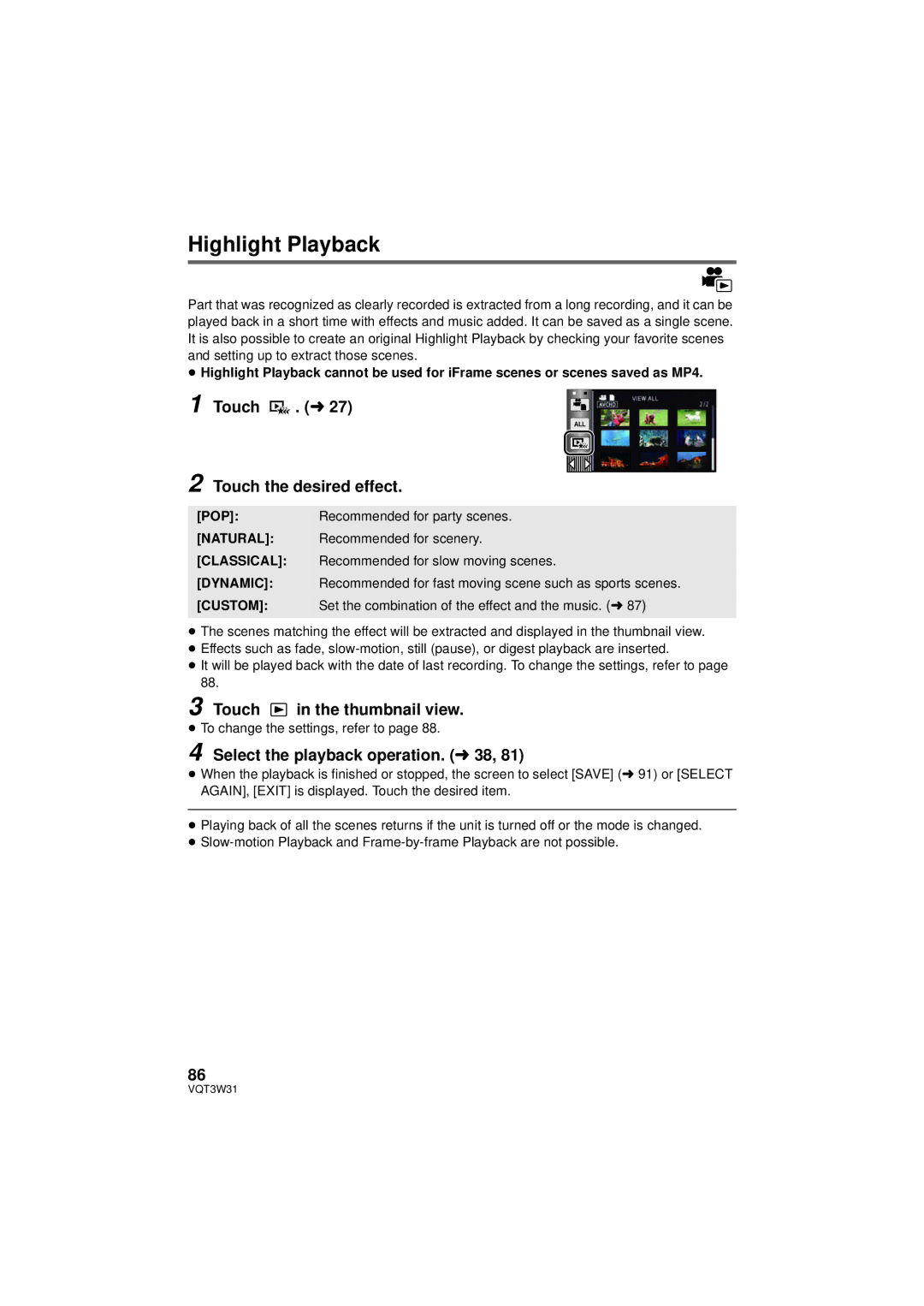 Panasonic HC-V500M owner manual Highlight Playback, Touch . l Touch the desired effect, Touch in the thumbnail view 