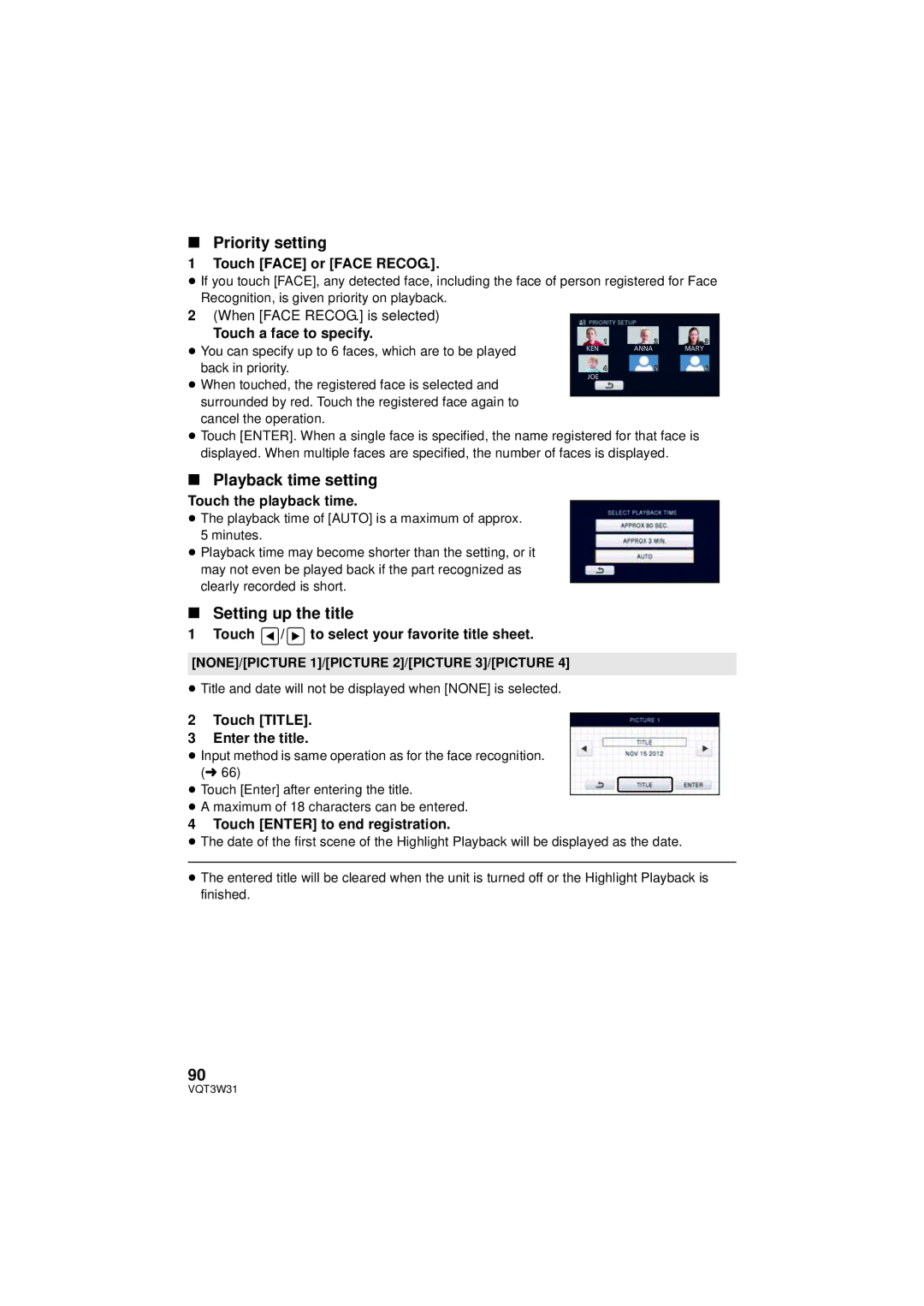 Panasonic HC-V500M owner manual Priority setting, Playback time setting, Setting up the title 