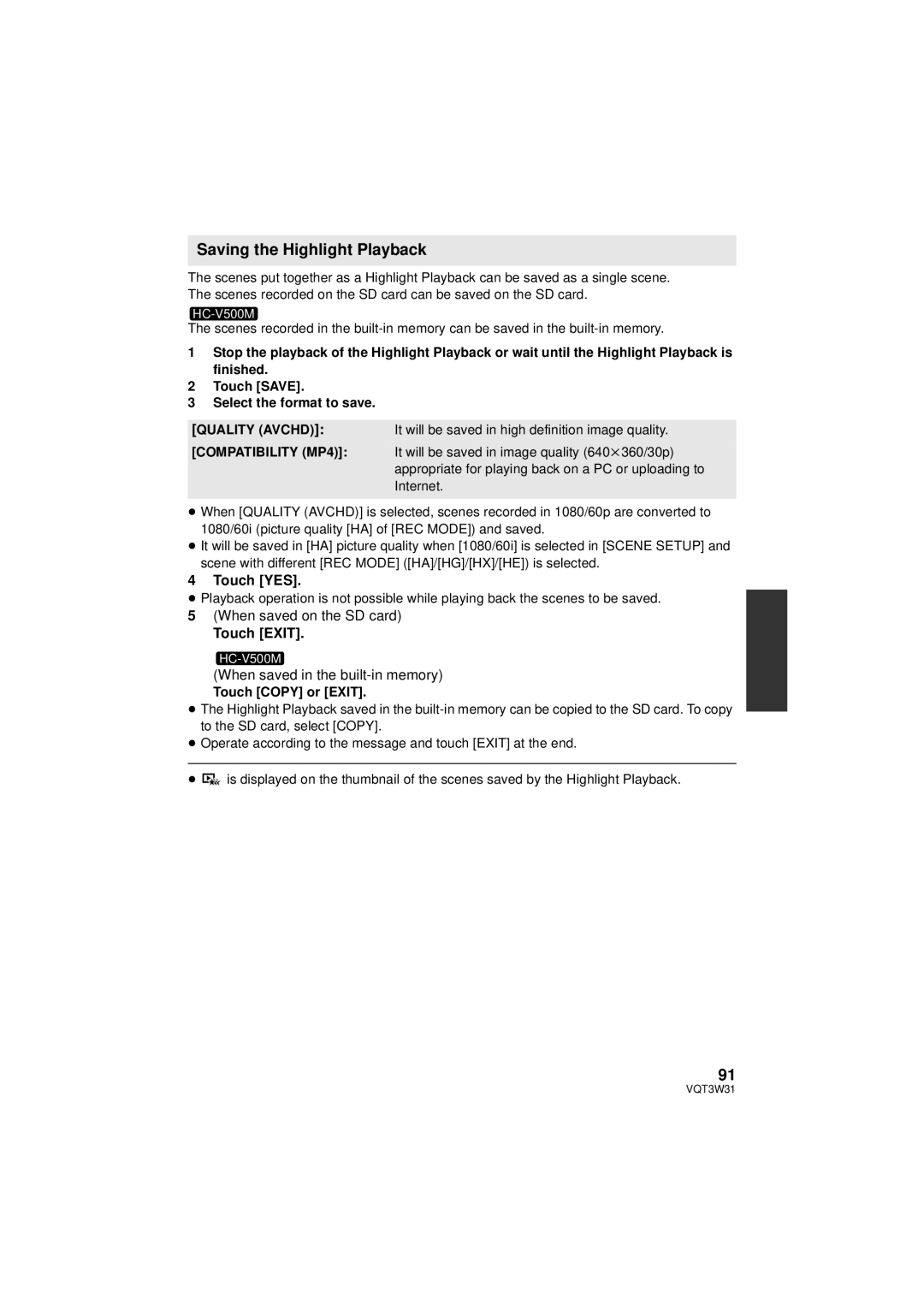 Panasonic HC-V500M owner manual Saving the Highlight Playback, Touch Exit, Touch Copy or Exit 