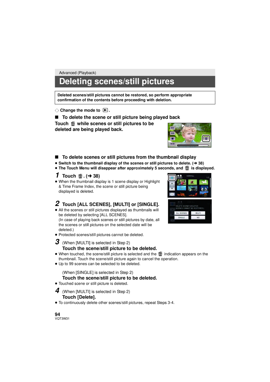 Panasonic HC-V500M owner manual Deleting scenes/still pictures, Touch ALL SCENES, Multi or Single, Touch Delete 