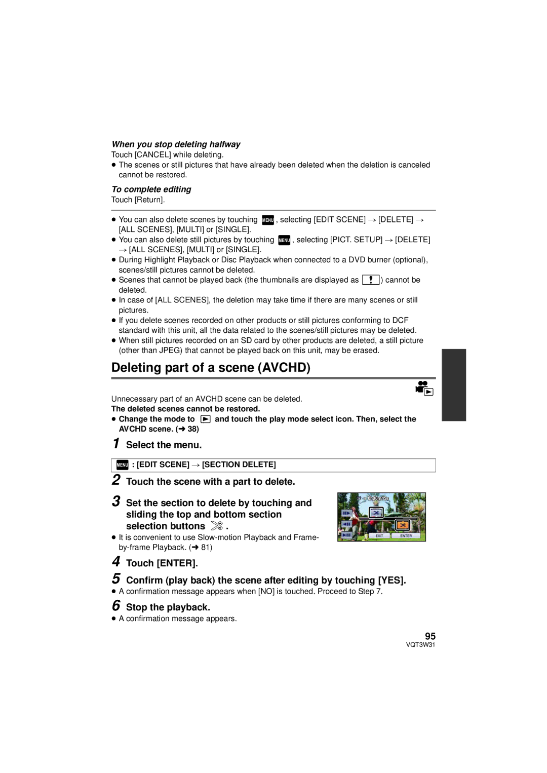 Panasonic HC-V500 Deleting part of a scene Avchd, Stop the playback, Unnecessary part of an Avchd scene can be deleted 
