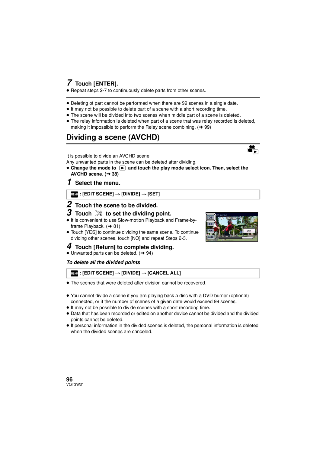 Panasonic HC-V500M owner manual Dividing a scene Avchd, Touch Return to complete dividing, Menu Edit Scene # Divide # SET 