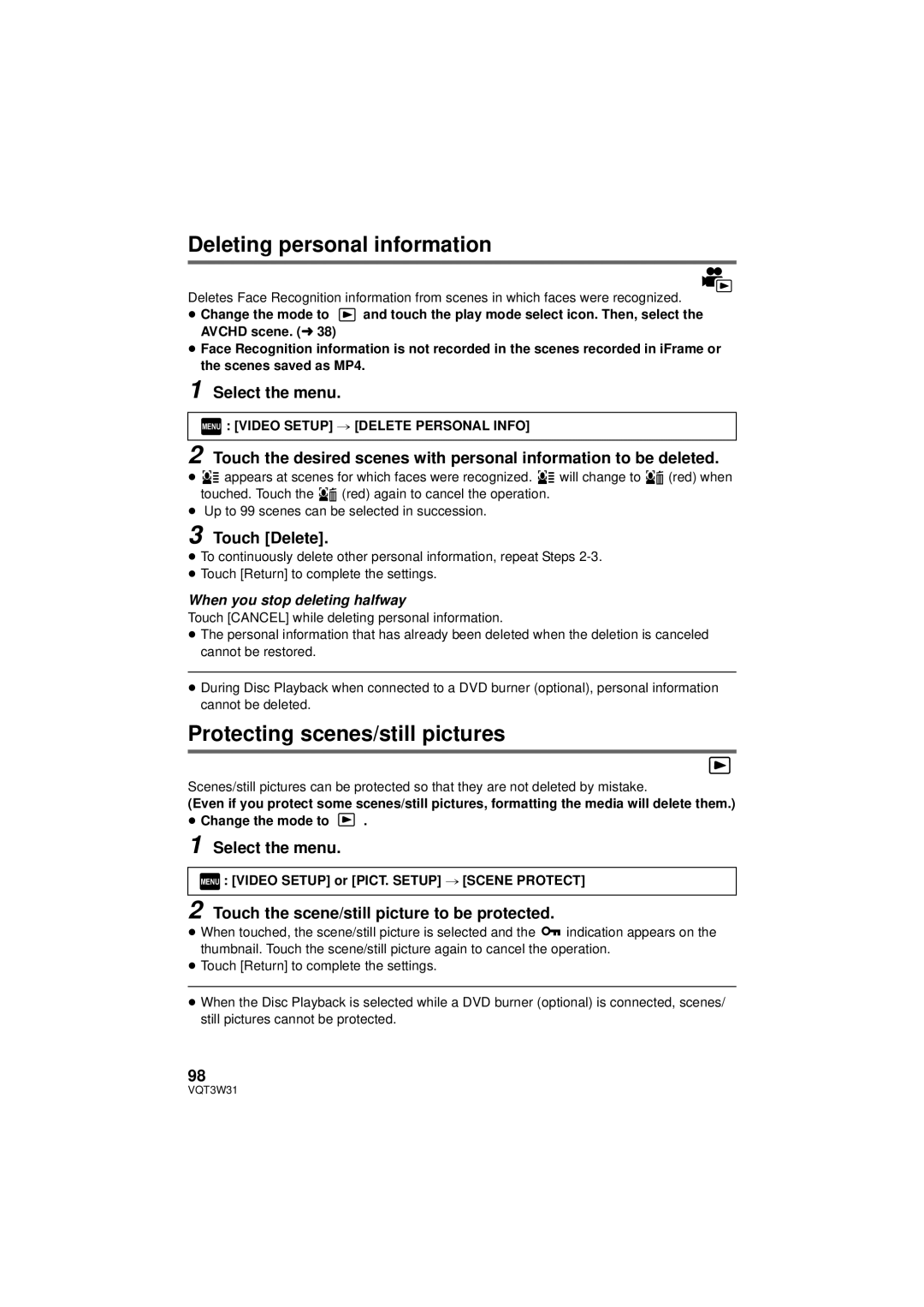 Panasonic HC-V500M owner manual Deleting personal information, Protecting scenes/still pictures 