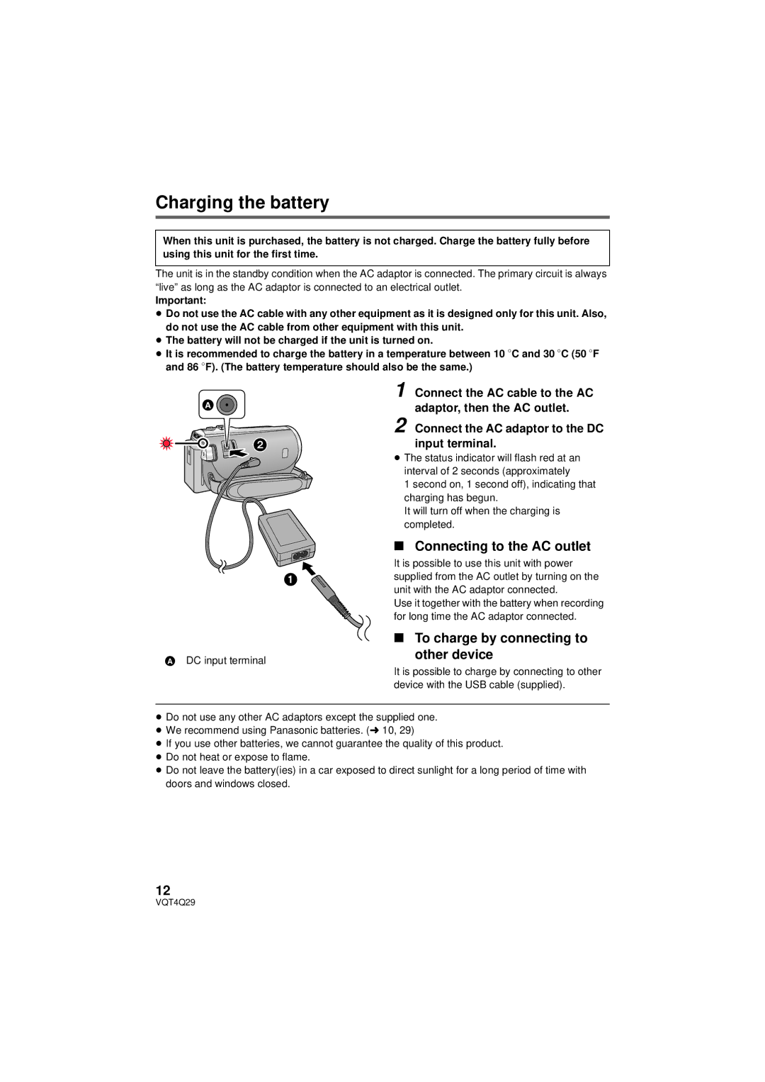 Panasonic Hc-v520 owner manual Charging the battery, Connecting to the AC outlet, To charge by connecting to, Other device 