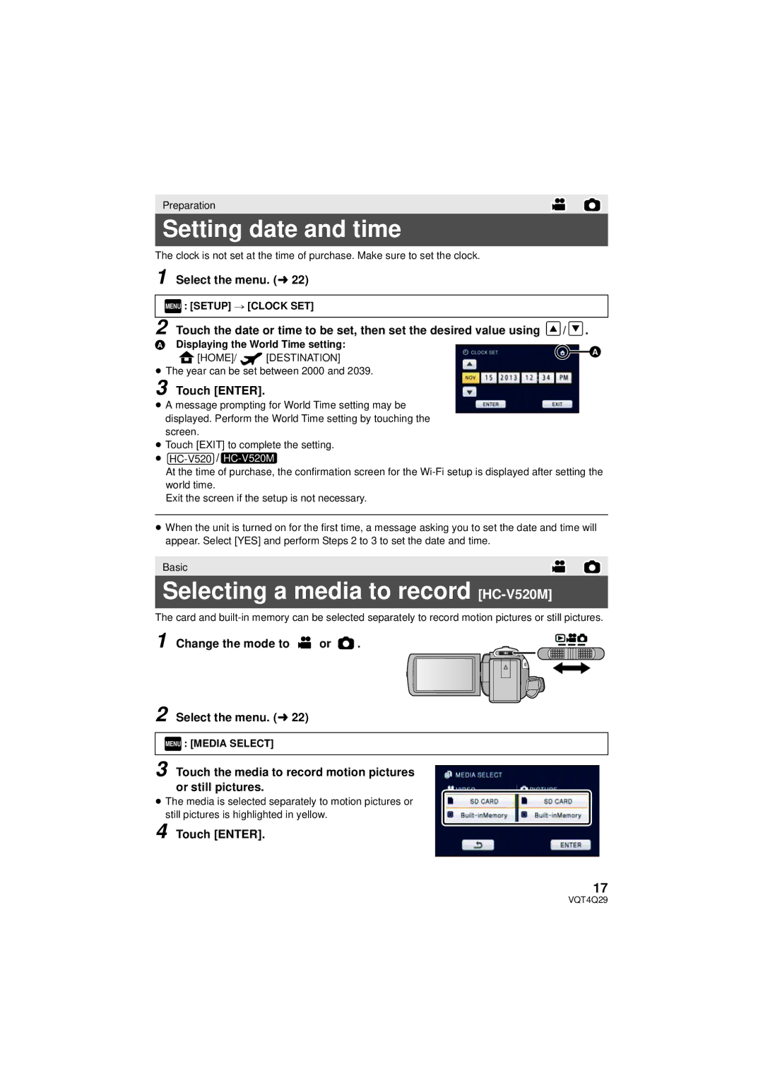 Panasonic Hc-v520 owner manual Setting date and time, Selecting a media to record HC-V520M 