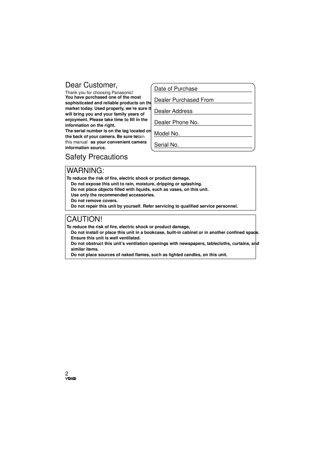 Panasonic Hc-v520 owner manual Dear Customer, Safety Precautions 