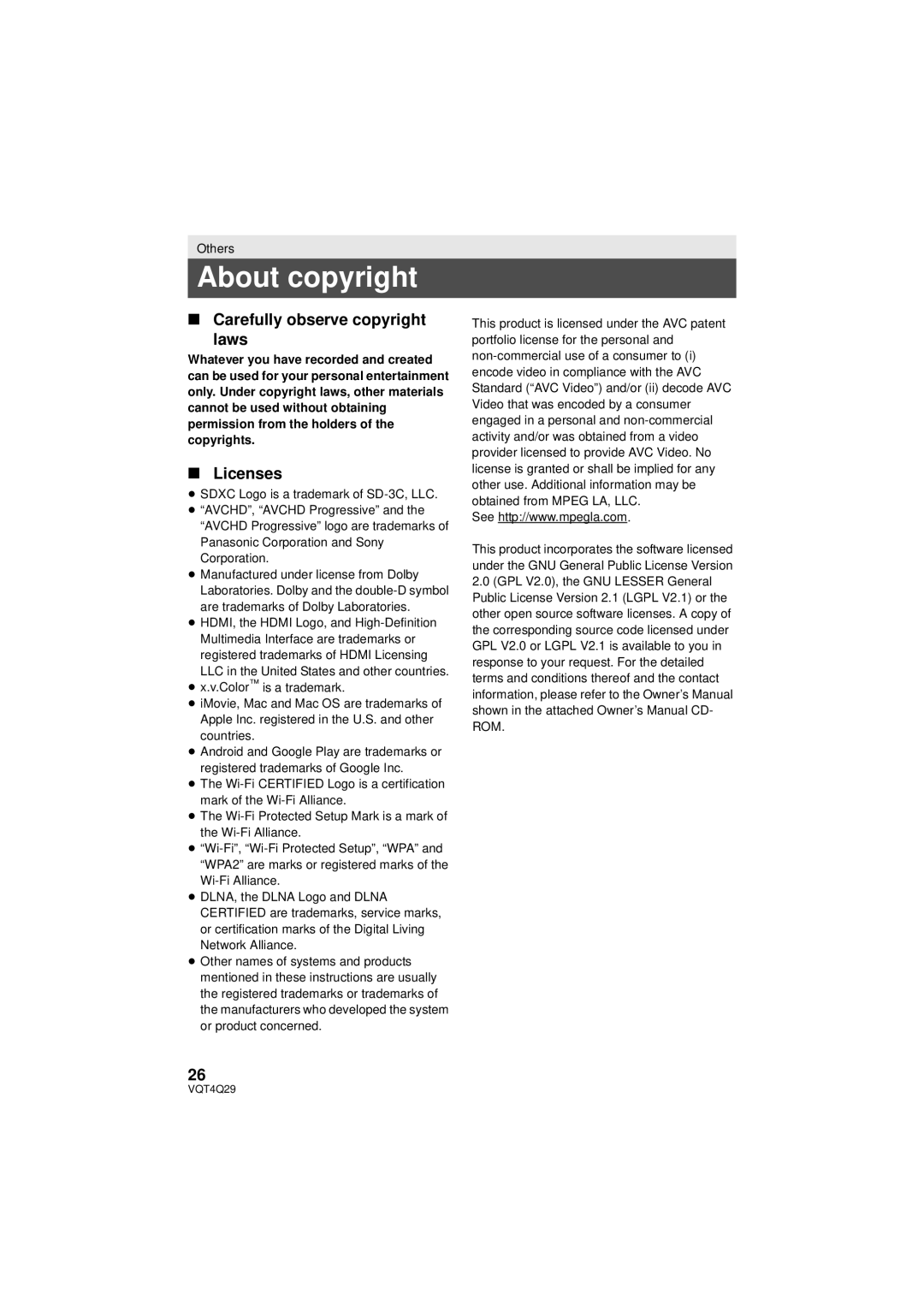 Panasonic Hc-v520 owner manual About copyright, Carefully observe copyright Laws, Licenses 