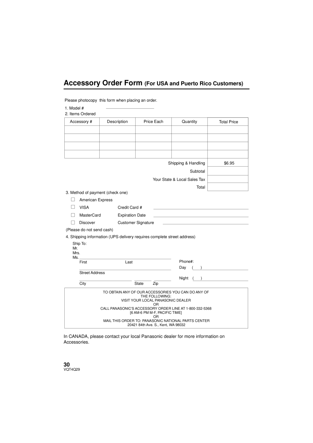 Panasonic Hc-v520 owner manual Accessory Order Form For USA and Puerto Rico Customers, Visa 