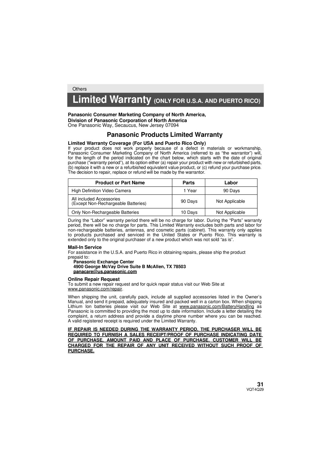 Panasonic Hc-v520 owner manual Panasonic Products Limited Warranty 