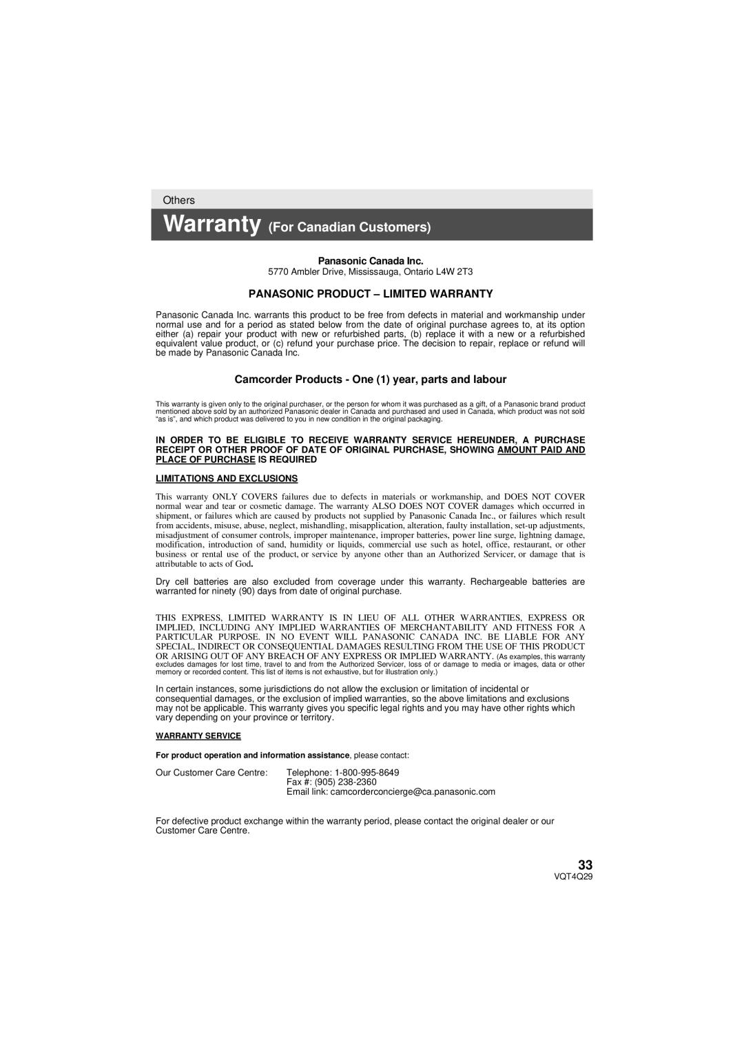 Panasonic Hc-v520 owner manual Warranty For Canadian Customers, Panasonic Canada Inc 