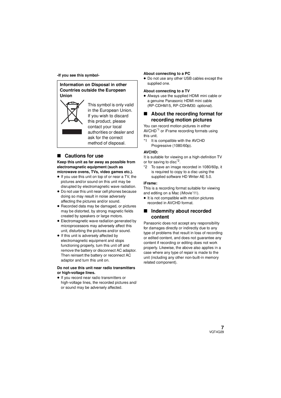 Panasonic Hc-v520 About the recording format for Recording motion pictures, Indemnity about recorded Content, Avchd 