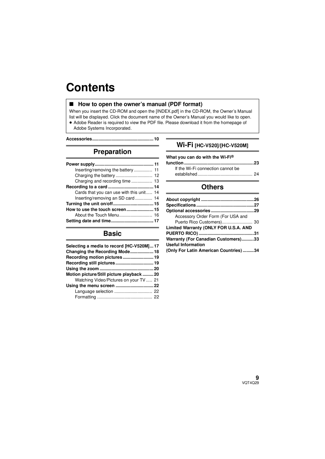 Panasonic Hc-v520 owner manual Contents 