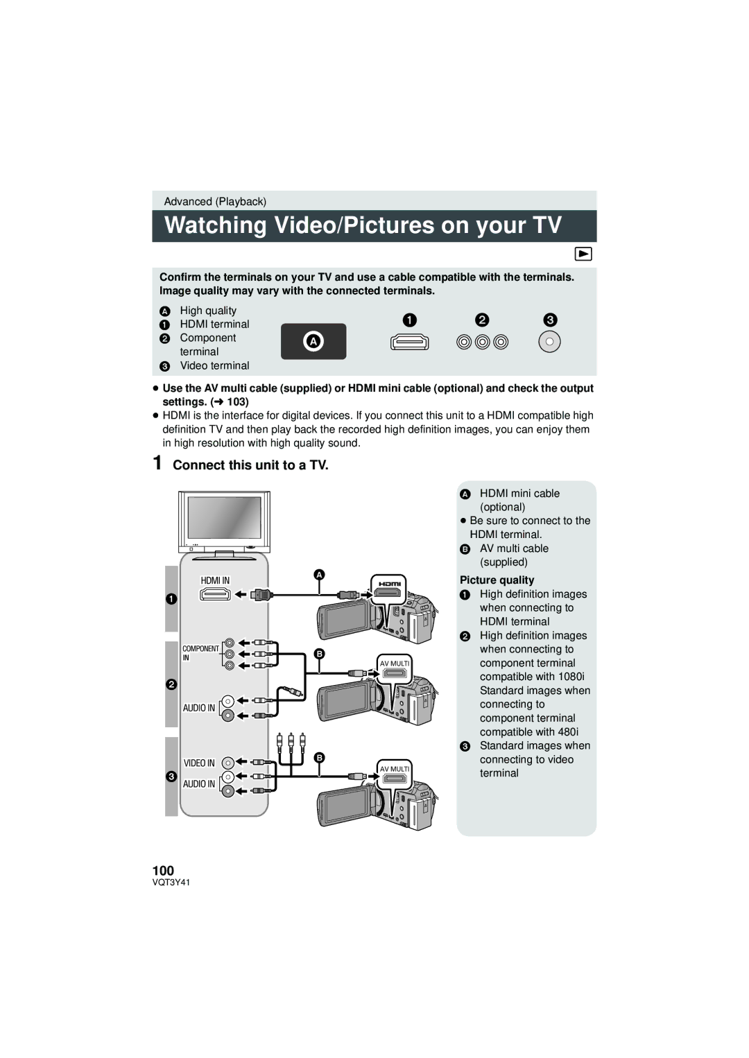 Panasonic HC-V700M owner manual Watching Video/Pictures on your TV, Connect this unit to a TV, 100, Picture quality 