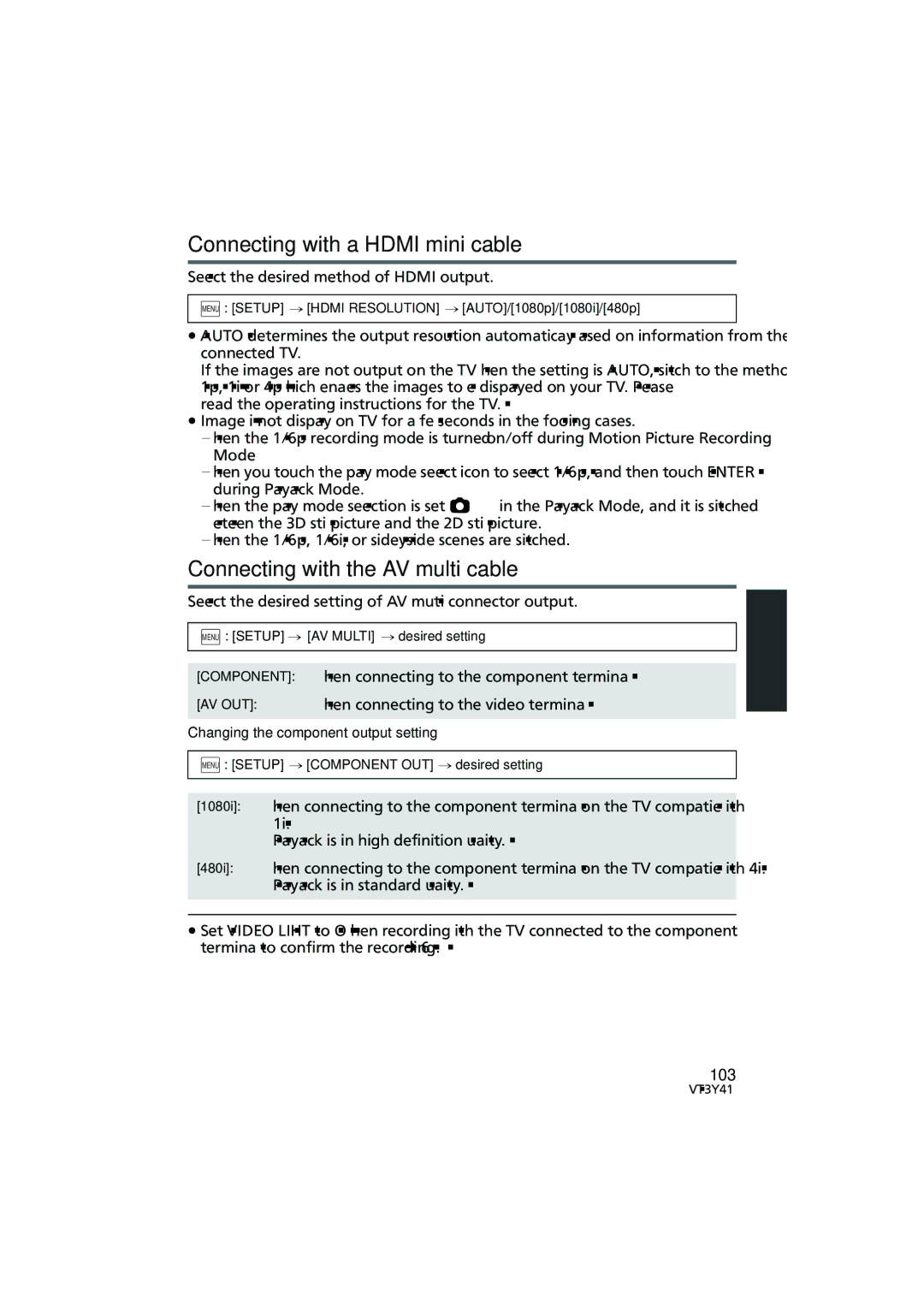 Panasonic HC-V700M owner manual Connecting with a Hdmi mini cable, Connecting with the AV multi cable, 103 