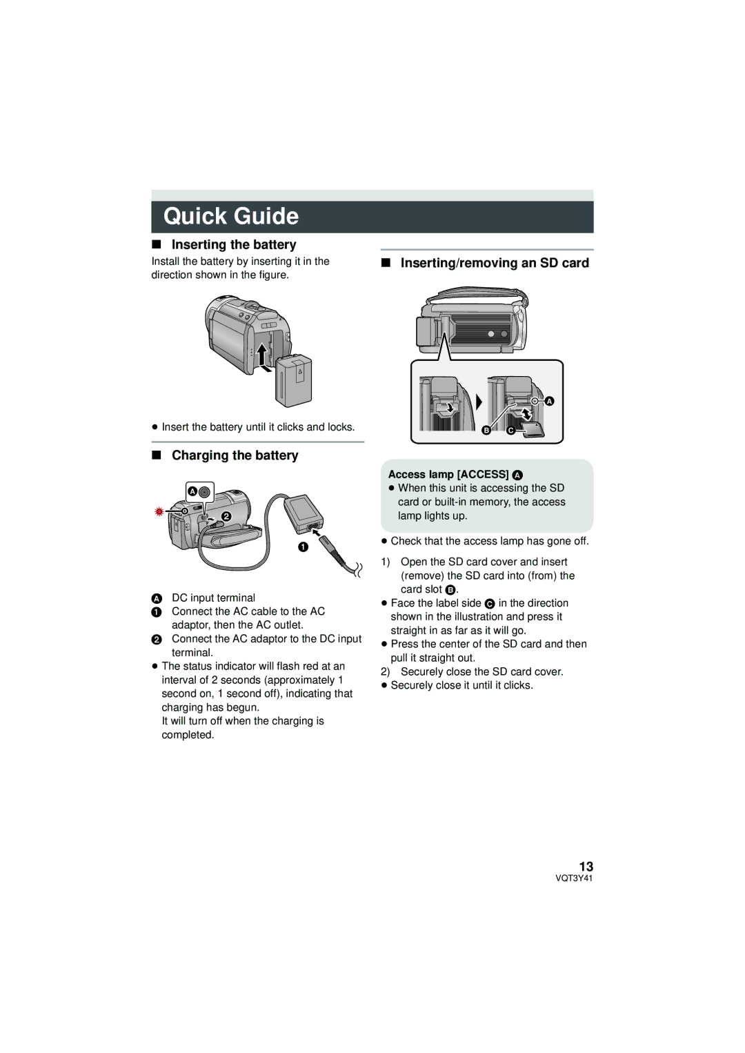 Panasonic HC-V700M owner manual Quick Guide, Inserting the battery, Inserting/removing an SD card, Charging the battery 