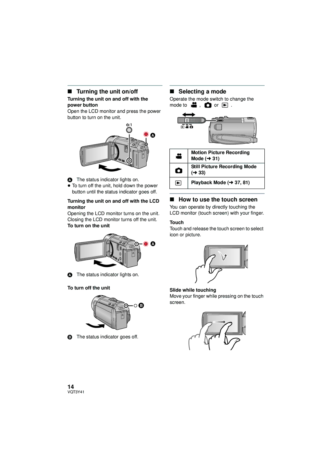 Panasonic HC-V700M owner manual Turning the unit on/off, Selecting a mode, How to use the touch screen 