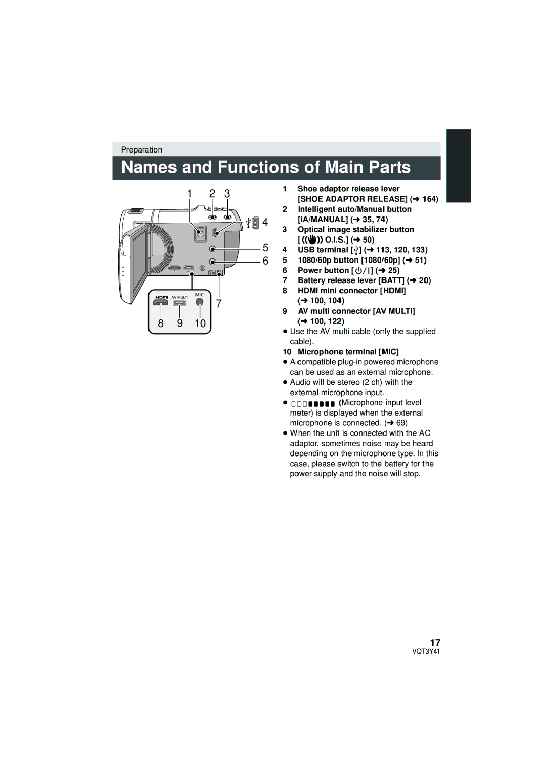 Panasonic HC-V700M Names and Functions of Main Parts, Preparation, ≥ Use the AV multi cable only the supplied cable 