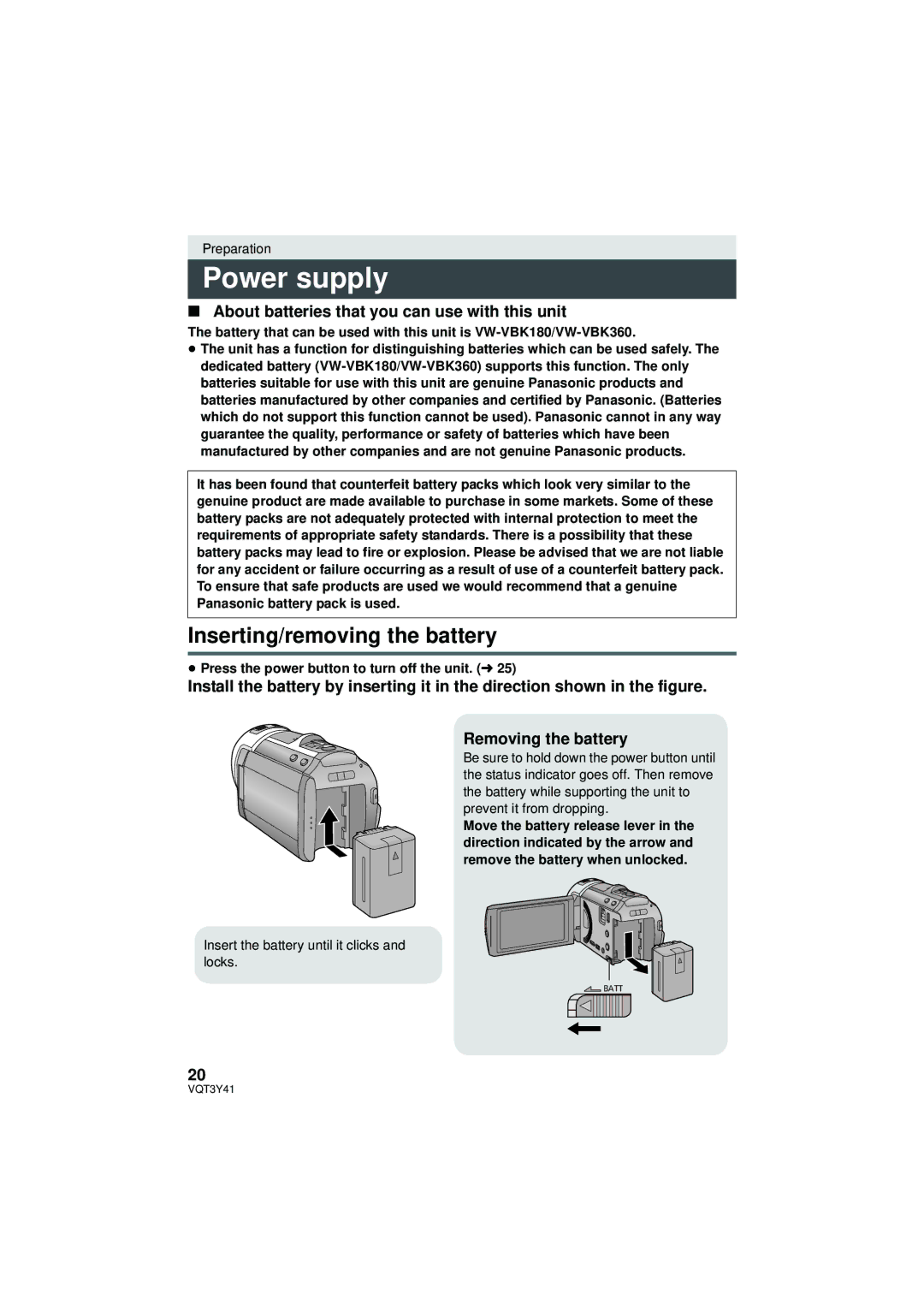 Panasonic HC-V700M Power supply, Inserting/removing the battery, About batteries that you can use with this unit 